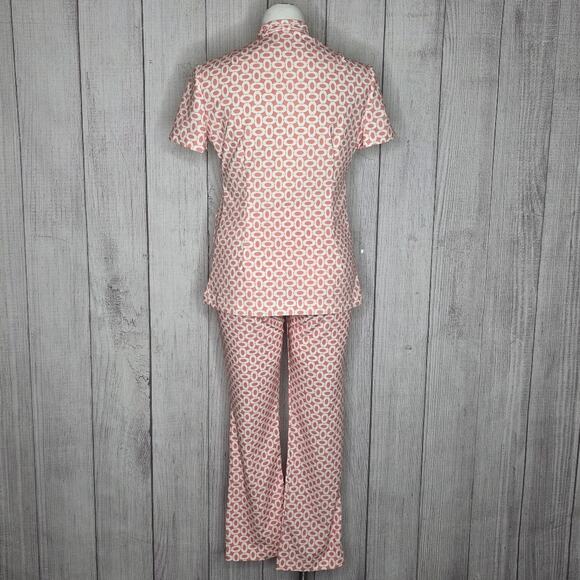 Fuzzy Retro UK Vintage 1960s Inspired 2 Piece Peach & White Geometric Pantsuit - Picture 6 of 10